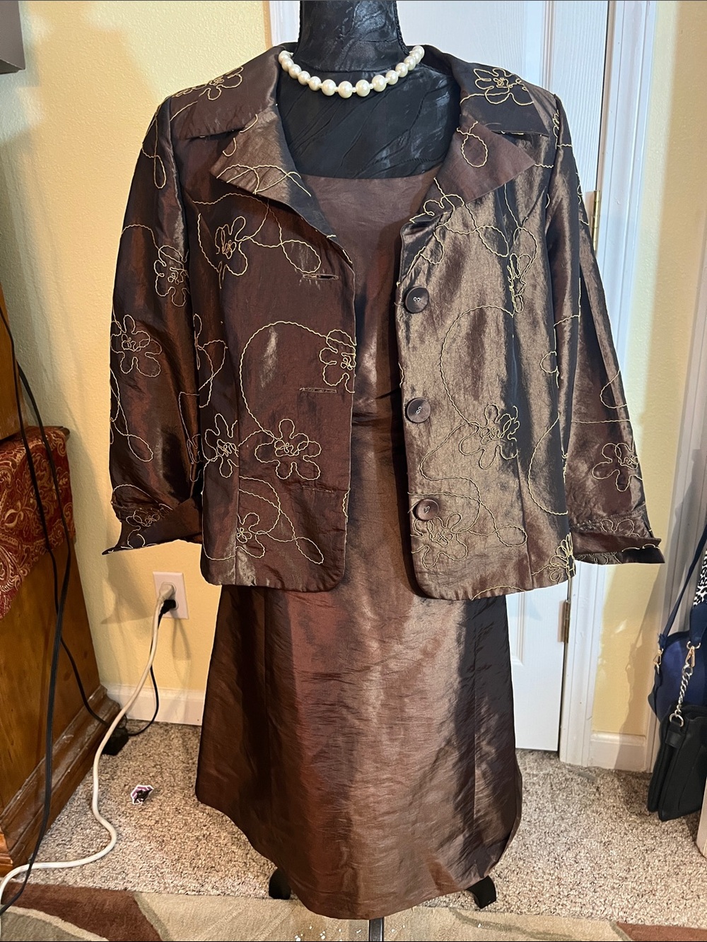 Women's Brown Midi Dress with Embroidered Jacket